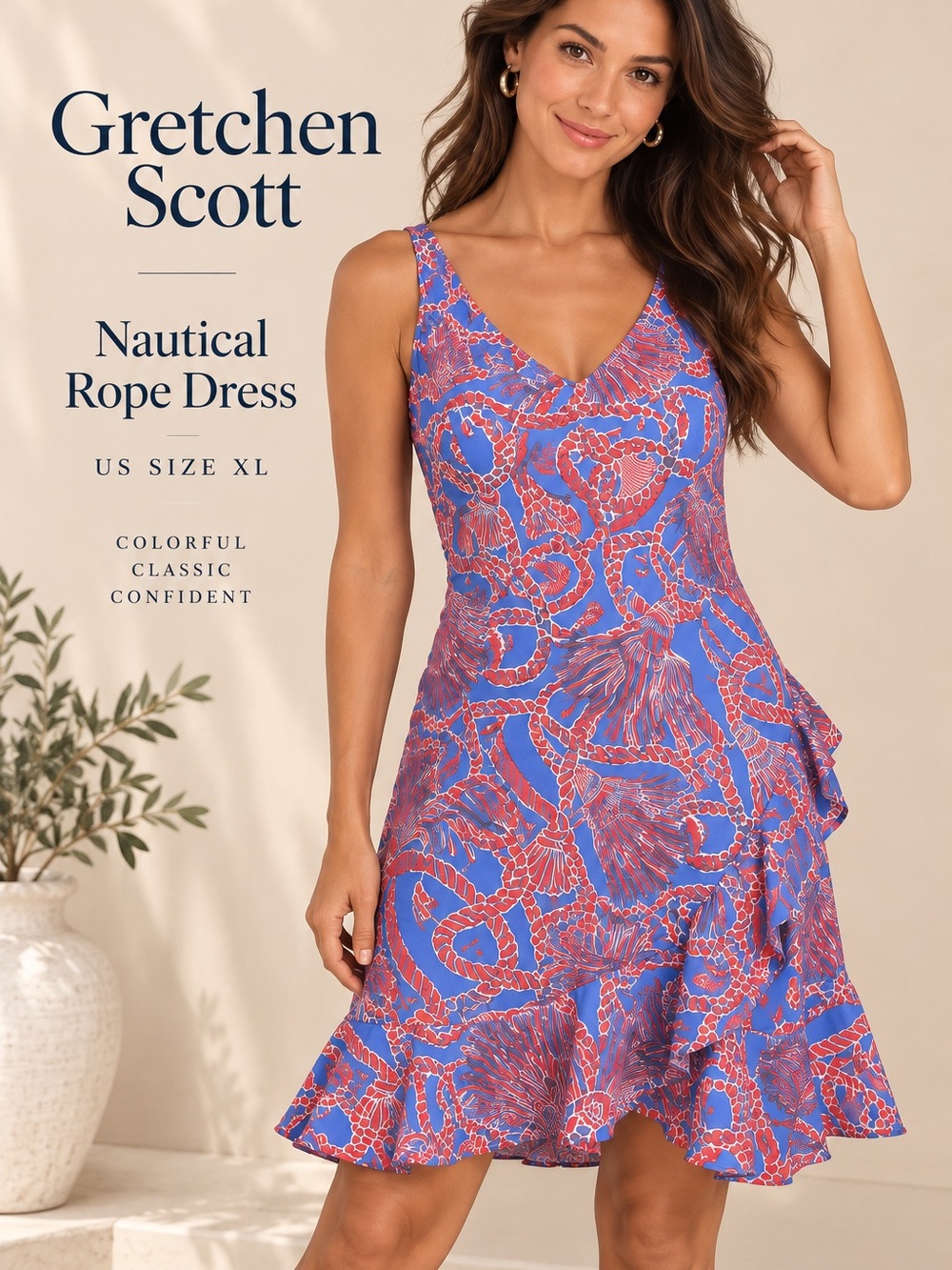 Gretchen Scott Nautical Rope Print Ruffle Dress Blue Red Size XL